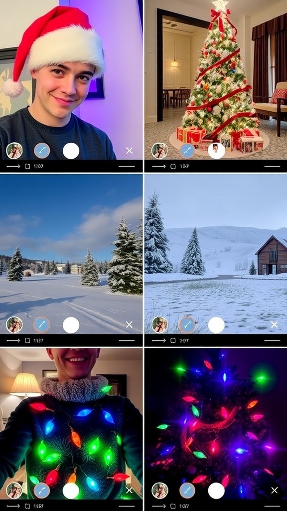 Festive Christmas Profile Picture Ideas A collage of Christmas-themed profile pictures showcasing festive elements like Santa hats, Christmas trees, snow, holiday sweaters, and colorful lights.
